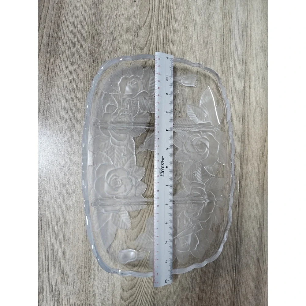 Vintage Frosted Rose Floral Glass Divided Relish Serving Tray 11.5